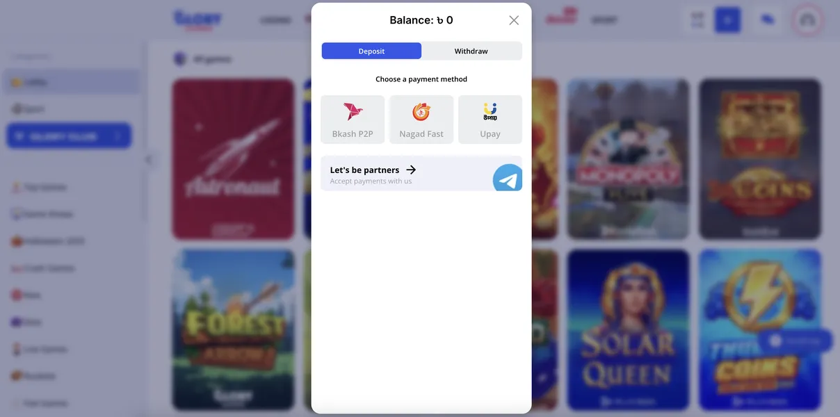 Funding Options at Glory Casino